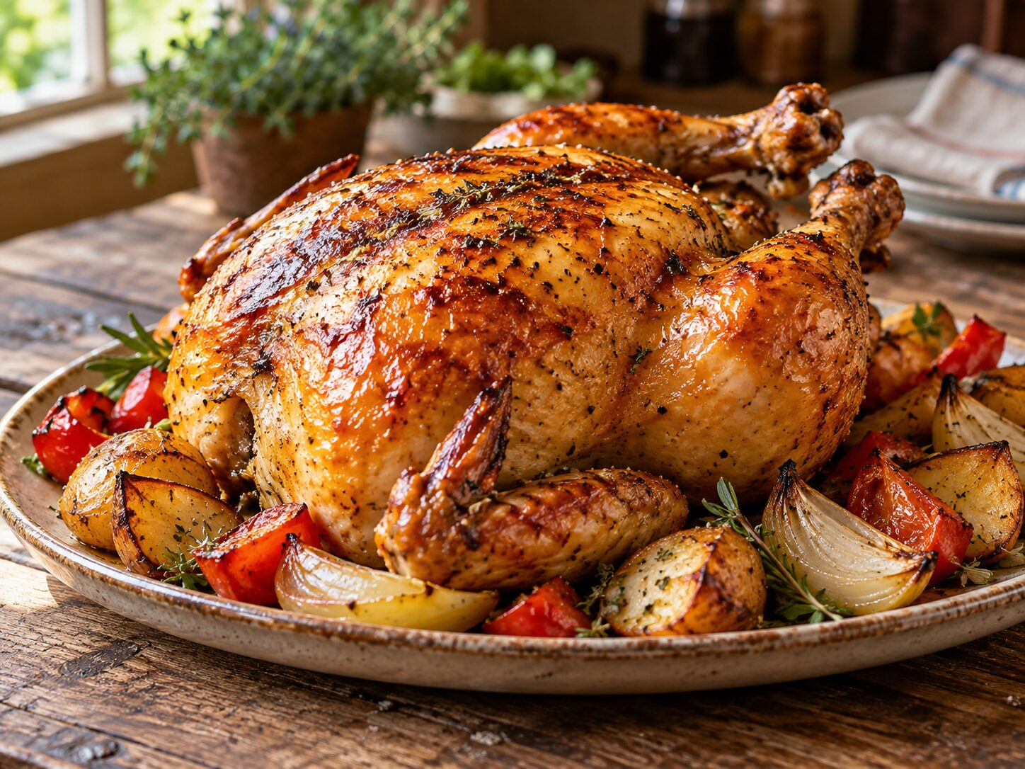 Herb-roasted whole chicken with golden skin, roasted potatoes, onions, and peppers